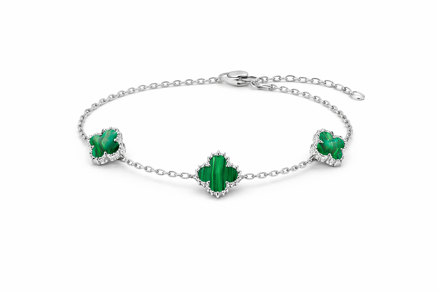 Silver Clover Green Stone Bracelet
